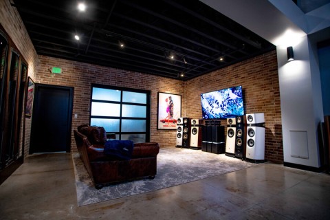 High-end audio-video solutions within an AV showroom.