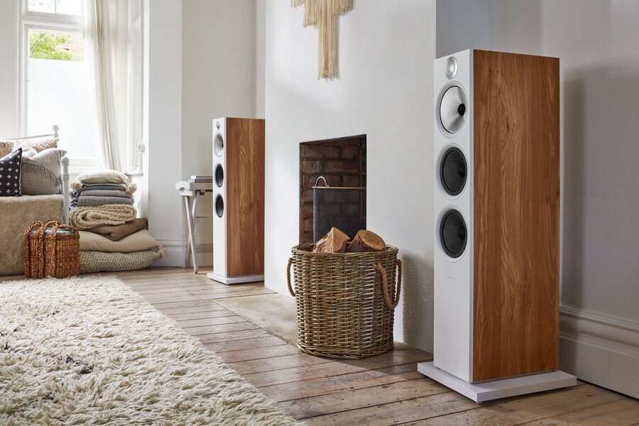 Two Bowers & Wilkins high-end speakers in a living space.