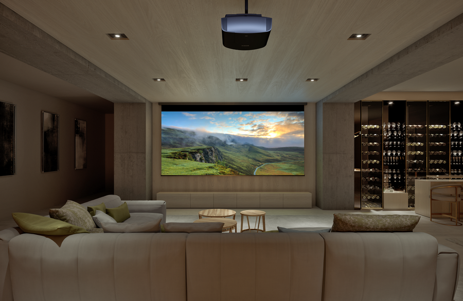 A custom home theater featuring a large projection screen from Sony and luxury seating.