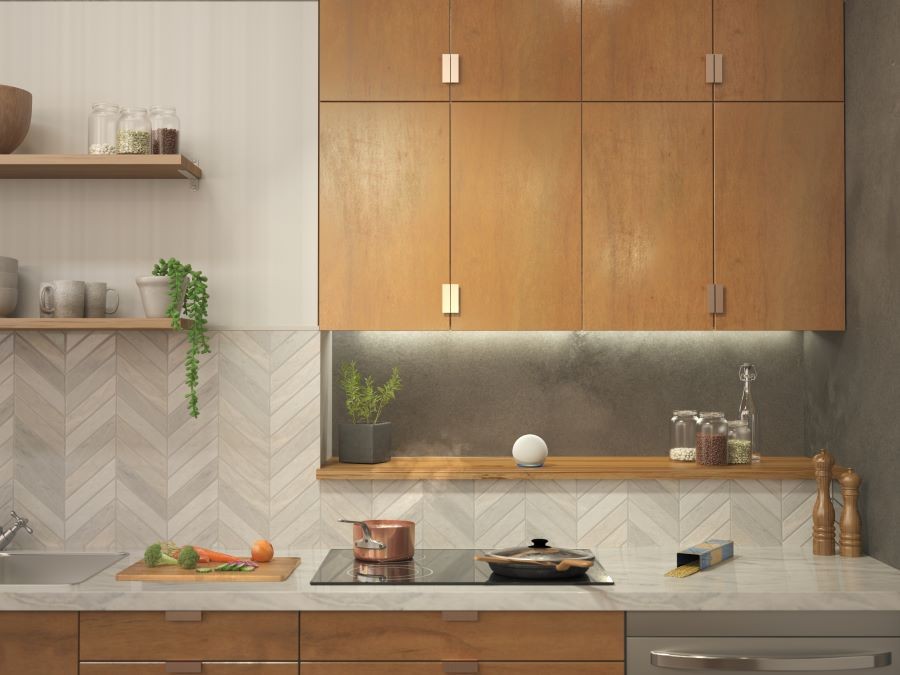 A kitchen with an Amazon Echo smart speaker.